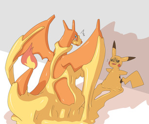 ambiguous_gender assimilation blue_eyes bodily_fluids duo melting scared sweat tail dlrowdog nintendo pokemon charizard generation_1_pokemon pikachu pokemon_(species) 2015 6:5 hi_res