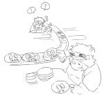 anthro belly duo eating eyes_closed food male question_mark slightly_chubby sushi text chisa_sa sengoku_puzzle ooe_senbee saigou_shirou bear mammal 2020 monochrome