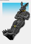 after_transformation ball_gag bdsm bondage bound chastity_bulge chastity_device encasement fullbody_straitjacket gag gagged latex restraints straitjacket transformation xedrykthedragon bandai_namco digimon digimon_adventure digimon_(species) garurumon absurd_res hi_res