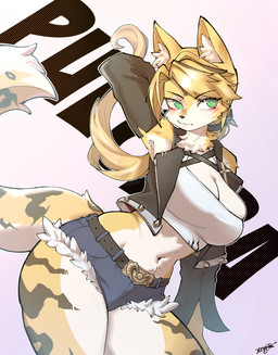 anthro armwear belt big_breasts blonde_hair bottomwear breasts clothing crop_top denim denim_bottomwear denim_clothing denim_shorts eyebrows eyelashes female fur green_eyes hair hand_behind_head inner_ear_fluff midriff navel necktie ponytail shirt shorts solo stripes topwear tuft white_body white_fur yellow_body yellow_fur xeppir mihoyo zenless_zone_zero pulchra_fellini felid feline felis mammal thiren 2025 hi_res