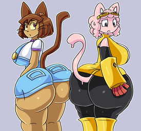 alternate_costume anthro big_breasts big_butt blue_eyes boots bottomwear breasts brown_body brown_fur butt clothing clothing_swap denim duo eyewear eyewear_on_head female footwear fur goggles goggles_on_head huge_breasts huge_butt long_tail overalls pants pink_body red_eyes shoes tail tight_bottomwear tight_clothing tight_pants spicyredacted gameoverse glitch_productions kit_bodega sarah_kattina_(spicysierra) domestic_cat felid feline felis goo_creature mammal hi_res