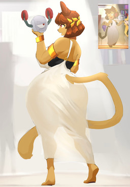 anthro black_clothing black_topwear bracelet brown_body brown_eyebrows brown_fur brown_hair brown_tail clothing dress duo eyebrows eyelashes female fur gold_(metal) gold_bracelet gold_jewelry hair jewelry laurel_wreath machine magenta_eyes short_hair tail topwear white_clothing white_dress white_toga yellow_sclera feonalt gameoverse glitch_productions kaboodle_(gameoverse) kit_bodega domestic_cat felid feline felis mammal robot hi_res