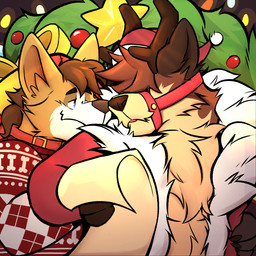 anthro christmas_clothing christmas_headwear christmas_tree clothed clothing costume duo fur hair harness hat headgear headwear holidays lights looking_at_another male male/male plant santa_costume santa_hat smile tree oogwayren christmas scott_(corgipudding) canid canine canis deer domestic_dog herding_dog mammal new_world_deer pastoral_dog reindeer welsh_corgi 1:1 hi_res