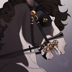 anthro bdsm bit_gag blindfold bodily_fluids brown_body brown_fur drooling fur gag gagged grey_background male open_mouth petplay ponyplay reins roleplay saliva simple_background solo teeth white_body white_fur zilya-lya equid equine horse mammal