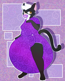 3_toes 4_fingers abstract_background ambiguous_gender anthro big_diaper black_body black_fur breasts clean_diaper clothed clothing diaper diaper_under_clothing diaper_under_onesie feet fingers fur gradient_fur hair hand_on_breast leg_markings markings multicolored_body multicolored_fur object_in_mouth onesie pacifier pacifier_in_mouth pink_inner_ear pink_nose purple_onesie purple_pacifier socks_(marking) solo spiral standing toes wearing_diaper white_body white_fur white_hair law_azure morgan_castillo_(arboretum) domestic_cat felid feline felis mammal absurd_res full-length_portrait hi_res portrait