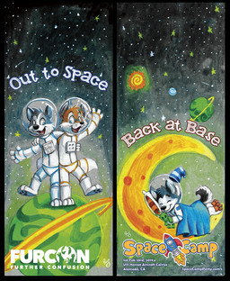 anthro bedding black_nose blanket blue_body blue_eyes blue_fur clothed clothing cosmic_background duo eyes_closed front_view fur glistening glistening_eyes glistening_nose male moon open_mouth open_smile orange_body orange_fur planet sleeping smile solo space space_background spacesuit standing suit white_body white_clothing white_fur white_suit young young_anthro young_male pandapaco canid canine mammal multiple_images
