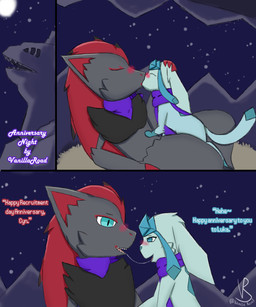 ambiguous/ambiguous ambiguous_feral ambiguous_gender ambiguous_on_feral anthro anthro_on_feral bestiality bestiality_kiss bodily_fluids cave comic_panel dialogue duo feral headpat kerchief kerchief_only kissing mostly_nude neckerchief neckwear night quadruped saliva saliva_string scarf scarf_only sharpedo_bluff size_difference star text vanilla_road nintendo pokemon pokemon_mystery_dungeon spike_chunsoft cynthia_(vanilla_road) luka_(vanilla_road) canid canine eeveelution generation_4_pokemon generation_5_pokemon glaceon mammal pokemon_(species) zoroark 5:6 absurd_res comic hi_res translated