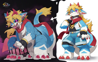 2_horns after_transformation anthro big_claws big_penis black_sclera blonde_hair blue_body blue_fur censor_bar claws clothing corruption fingerless_gloves fur genitals gloves goo_transformation hair handwear horn looking_at_viewer male penis purple_eyes short smile solo tongue tongue_out transformation white_body white_fur merunmohu canid canine canis goo_creature mammal wolf 2026