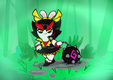 anthro arms_bent black_boots black_clothing black_dress black_eyelids black_footwear black_hair boots bottomwear chain closed_smile clothed clothed_anthro clothed_female clothing dress ear_ribbon eyebrows fangs female female_anthro fern footwear forest fur furrowed_brow furrowed_eyebrows grass hair holding_mace holding_melee_weapon holding_object holding_weapon light long_ears markings melee_weapon mitten_hands mole_(marking) mouth_closed multicolored_body narrowed_eyes noseless orange_eyes outside plant pupils red_bottomwear red_clothing red_eyebrows red_hair red_shirt red_shorts red_topwear red_wristband rock shirt shoes short_dress short_hair shorts slit_pupils smile solo spiky_hair squint tan_body tan_inner_ear tan_skin teeth text thick_eyebrows topwear tree two_handed_weapon two_tone_body walking weapon white_body white_fur yellow_ribbon vampkettleartz mario_bros mario_plus_rabbids_sparks_of_hope nintendo raving_rabbids rayman_(series) ubisoft kanya_(mario_plus_rabbids) lagomorph mammal rabbid 2023 absurd_res artist_name colored crossover digital_drawing_(artwork) digital_media_(artwork) english_description full-length_portrait hi_res lighting portrait shaded