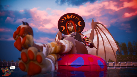 anthro blep clothing crop_top crossed_legs female glowing glowing_eyes hair hat headgear headwear looking_at_viewer low-angle_view pawpads paws pool_float red_hair ring_(jewelry) shirt solo swimming_pool text text_on_clothing text_on_shirt text_on_topwear tongue tongue_out topwear water wings retro_raptor foxipaws_(modeler) dr_pepper mythology jupiter_(hvllhnd) aquatic dragon fish mythological_creature mythological_scalie scalie shark 3d_(artwork) blender_(artwork) blender_cycles_(artwork) digital_media_(artwork) hi_res watermark
