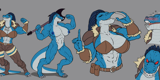 abs accessory angry anthro areola armor armwear bard belt big_breasts blash blue_areola blue_body blue_nipples blue_scales bottomwear breasts brown_armwear brown_bottomwear brown_clothing brown_legwear brown_shorts brown_topwear cleavage clothed clothing digitigrade dreadlocks drinking drunk electric_guitar eyes_closed featureless_crotch female flask flexing furgonomics grey_background guitar huge_breasts leather leather_armor legwear looking_at_viewer muscular muscular_female musical_instrument navel nipples nude plucked_string_instrument scales sharp_teeth shorts simple_background solo string_instrument substance_intoxication tail tail_accessory tail_belt teeth thick_thighs topwear white_body white_scales wide_hips yellow_eyes saltbutt1 dungeons_and_dragons hasbro wizards_of_the_coast scalie absurd_res hi_res model_sheet