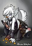all_fours anthro biped black_bottomwear black_clothing black_nose black_pants black_shirt black_topwear blue_eyes bottomwear breasts chest_tuft claws clothed clothing coin coin_in_mouth female gold_(metal) gold_coin hair holding_coin holding_object melee_weapon open_mouth pants pawpads scarf shirt short_hair short_sword simple_background solo sword teeth toe_claws tongue topwear tuft weapon white_body white_hair machinewithsoul canid canine canis domestic_dog mammal 2019 hi_res