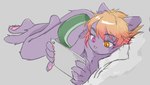 anthro bed biped fur furniture gaming heterochromia lying male on_bed on_side pink_eyes playing_video_game purple_body purple_fur slim_anthro slim_male solo tail yellow-hair yellow_eyes strayrozerem domestic_cat felid feline felis mammal 2023