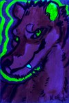 abstract_background alternate_color ambiguous_feral ambiguous_gender blacklight countershading eyebrows_(marking) fangs feral fur glowing glowing_eyes glowing_inner_ear glowing_teeth green_eyes green_inner_ear looking_at_viewer markings outline simple_background smile smiling_at_viewer smirk smirking_at_viewer solo sparklefur striped_body striped_fur striped_markings stripes teeth three-quarter_view mongrelist anestazio dasyuromorph mammal marsupial recently_extinct_species thylacine 2025 absurd_res bust_portrait character_badge_(artwork) hi_res portrait signature traditional_media_(artwork) male_(lore)