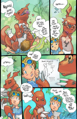 blue_eyes blush blush_lines bodily_fluids bread claws dialogue digiphilia duo eating erection food genitals interspecies male penis size_difference sweat text yellow_eyes young young_human young_male mamabliss bandai_namco digimon takato_matsuki digimon_(species) guilmon human mammal scalie comic english_text hi_res partially_translated translation_check translation_request