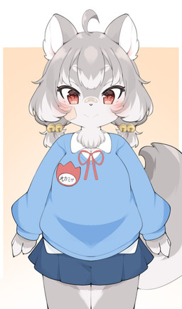 accessory ahoge anthro asian_clothing band-aid bandage bell blush bottomwear chest_tuft claws clothed clothing east_asian_clothing female female_anthro finger_claws fingers fluffy fur grey_body grey_fur grey_hair hair hair_accessory happy japanese_clothing japanese_school_uniform jingle_bell kemono kindergarten_uniform looking_at_viewer multicolored_body multicolored_fur multicolored_hair multicolored_tail name_tag pigtails red_eyes school_uniform skirt smile smiling_at_viewer solo tail tail_under_skirt text tuft two_tone_body two_tone_fur two_tone_hair two_tone_tail uniform white_body white_fur white_hair young young_anthro young_female nuk_sun okamiya canid canine canis mammal wolf 2022 digital_media_(artwork) hi_res japanese_text portrait three-quarter_portrait translated translated_description