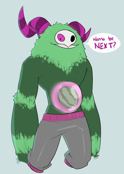 big_horn bottomwear clothed clothing dialogue fangs food fruit fur green_body green_fur grin horn imminent_vore looking_at_viewer male male_pred melon not_furry object_vore pants pink_eyes plant simple_background smile solo sweatpants teeth text topless translucent translucent_body vore watermelon thedivinetemple sclera_(himeros) monster english_text
