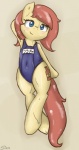 anthro blue_eyes blush camel_toe clothing cutie_mark digital_media_(artwork) earth_pony equid equine fan_character female hair hasbro hi_res horse looking_at_viewer mammal my_little_pony one-piece_swimsuit pony red_hair shaded simple_background sirachanotsauce sirachi solo swimwear tumblr wet