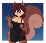 absurd_res anthro big_breasts big_tail black_clothing black_dress bracelet breasts brown_body brown_fur brown_hair buckteeth cleavage clothed clothing dress female fluffy fluffy_tail front_view fur gesture hair hi_res jewelry kabula_(artist) looking_at_viewer mammal night outside purse rodent sciurid sky smile solo standing star tail teeth tree_squirrel waving