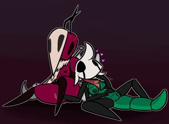 4_arms antennae_(anatomy) anthro anthro_on_anthro black_antennae black_body black_exoskeleton black_eyes blush bodily_fluids breasts clitoris exoskeleton female female/female fingering genital_fluids genitals green_breasts green_nipples green_vulva hand_on_belly looking_down medium_breasts multi_arm multi_limb nipples no_pupils red_body red_exoskeleton skull_helmet small_breasts thick_thighs vaginal vaginal_fingering vaginal_fluids vulva ultilix hollow_knight:_silksong hollow_knight_(franchise) team_cherry atrix_(fr0gv0re) fan_character ant arthropod dragonfly hymenopteran insect skarr 2025 hi_res