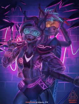 anthro bangs brick_wall cybernetics cyberpunk drumstick_(musical) duo female machine male neon purple_light text visor wall_(structure) kleenkyfill xleb0rezka five_nights_at_freddy's five_nights_at_freddy's:_security_breach scottgames steel_wool_studios annet_(xleb0rezka) rocky_(xleb0rezka) animatronic felid feline lynx mammal robot digital_drawing_(artwork) digital_media_(artwork) english_text hi_res watermark