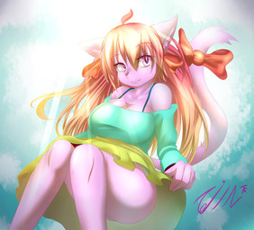 alternative_fashion anthro bottomwear breasts brown_hair butt clothed clothing female fur hair j-fashion light long_hair outside purple_body purple_eyes purple_fur ribbons shirt skirt sky smile solo sun text topwear tailzkim domestic_cat felid feline felis mammal 2015 hi_res
