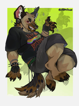 4_fingers 4_toes ambiguous_anthro ambiguous_gender anthro belt big_tail black_clothing black_shirt black_t-shirt black_topwear bottomwear bracelet brown_body brown_skin chain_necklace claws clothing digitigrade ear_piercing electronics feet finger_claws fingers fur grey_bottomwear grey_clothing grey_shorts headphones jewelry markings necklace overweight overweight_ambiguous overweight_anthro piercing shirt shorts solo spiked_bracelet spikes spots spotted_body spotted_fur t-shirt tail toe_claws toes topwear catatau9 nyan_cat_(copyright) nyan_cat hyena mammal spotted_hyena 3:4 hi_res meme signature