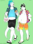 anthro belly big_belly both_pregnant bottomwear clothing duo flip_flops food footwear male multiple_pregnancies plantigrade pregnant pregnant_anthro pregnant_male sandals shirt shoes shopping_bag shorts simple_background topwear uncouthpone kairyu-shin kody canid canine canis domestic_dog husky mammal mustelid nordic_sled_dog otter spitz hi_res