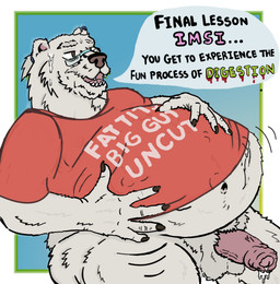 anthro belly bodily_fluids clothing cum digestion duo ejaculation external genital_fluids genitals hard_vore male nipples overweight overweight_anthro overweight_male penis shirt teacher teacher_pred text topwear vore squirmynoodle boris_mrazovito imsi bear mammal polar_bear ursine english_text hi_res meme
