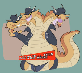 3_heads anthro belly bulge clothing facial_hair hat headgear headwear jacket leather leather_clothing leather_daddy leather_jacket leather_topwear male multi_head mustache overweight solo tail text thong topwear underwear jacobspencer04 european_mythology greek_mythology kings_of_hell mythology bune_(kings_of_hell) dragon hydra mythological_creature mythological_scalie scalie english_text hi_res