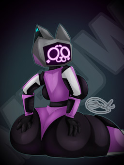 :3 anthro big_breasts big_butt breasts butt butt_grab female hand_on_butt huge_butt looking_at_viewer looking_back machine meow screen simple_background sitting smile solo text thick_thighs wide_hips gazaster voices_of_the_void kerfur_omega_(votv) domestic_cat felid feline felis mammal robot robot_anthro 2024 3:4 digital_media_(artwork) english_text hi_res signature