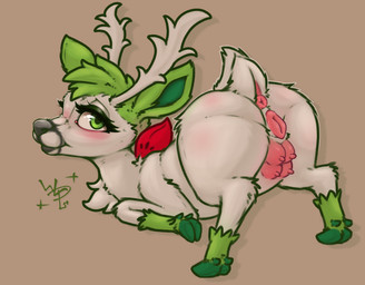 animal_genitalia animal_vulva antlers anus ass_up big_butt blush butt cervine_genitalia cervine_vulva cloven_hooves dock_(anatomy) eyelashes female female_feral feral feralized fur genitals green_eyes green_hair green_hooves grey_nose hair hooves horn lacrimal_caruncle leg_markings looking_at_viewer looking_back looking_up markings neck_tuft open_mouth pink_anus pink_vulva presenting presenting_anus presenting_hindquarters presenting_vulva puffy_anus side_view simple_background snout socks_(marking) solo tail tan_background teats thick_thighs three-quarter_view tuft vulva white_body white_fur wolps nintendo pokemon fan_character deer generation_4_pokemon hybrid legendary_pokemon mammal pokemon_(species) shaymin sky_forme_shaymin 2024 absurd_res full-length_portrait hi_res portrait