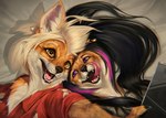 anthro bed canid canine canis conditional_dnp domestic_dog duo female fox furniture hug latex_(artist) lying male mammal selfie smile sunny together_(disambiguation) wolf