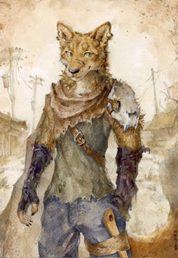 anthro black_nose cheek_tuft clothed clothing detailed_background ear_piercing ear_ring ear_stud facial_tuft front_view fur gloves handwear male mouth_closed neck_tuft notched_ear orange_body orange_eyes orange_fur outside piercing ring_piercing solo toony tuft white_body white_fur akatan_art canid canine canis coyote mammal detailed hi_res portrait three-quarter_portrait traditional_media_(artwork)