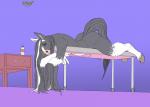 absurd_res anthro black_body black_fur breasts equid equine female fur hi_res hooves horse hyper kamilia looking_at_viewer luaky mammal massage_table nipples presenting simple_background solo white_body white_fur