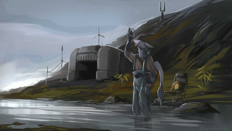 anthro biped camping_chair clothing detailed_background duo fur gloves grey_body grey_fur handwear male outside overalls partially_submerged standing_in_water tail tail_tuft tuft water creepy_gun death_stranding sergal 2026 digital_media_(artwork) hi_res