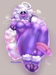 anthro balls bent_legs big_penis blush bodily_fluids chest_tuft fingers freckles fur genital_fluids genitals halo hooved_fingers hooves humanoid_genitalia humanoid_penis leaking_precum looking_at_viewer lying male nervous nude on_back penis pink_penis precum purple_balls purple_body shy simple_background solo tail tuft vein veiny_penis wings wool_(fur) wool_hair sleepyandshine helluva_boss collin_(helluva_boss) angel bovid caprine cherub mammal sheep artist_name hi_res unavailable_at_source