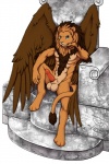 anthro arm_support balls biped blue_eyes chair erection feathered_wings feathers furniture genitals leaning_on_elbow looking_at_viewer male mane nude penis simple_background sitting smile solo tail throne white_background wings valderic_blackstag felid lion mammal pantherine 2012 digital_media_(artwork)