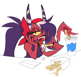 dipping eating eye_scar facial_scar fangs fast_food female food fries hair hair_over_eye horn napkin not_furry red_body red_skin scar simple_background solo striped_horn stripes teeth tongue tongue_out white_background galactabee hellaverse helluva_boss sallie_may_(helluva_boss) demon humanoid imp 2025 hi_res trans_(lore) trans_woman_(lore)