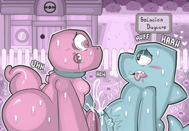 anthro biped blue_body blush bodily_fluids butt detailed_background erection genitals kissing male male/male nude penis pink_body saliva saliva_string sharp_teeth sweat teeth text koalarobot_(artist) gameoverse glitch_productions flappers_(gameoverse) gobbles_(gameoverse) aquatic cetacean dinosaur dolphin mammal prehistoric_species reptile scalie toothed_whale 2026 digital_media_(artwork) english_text