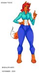 abs anthro barefoot bottomwear breasts clothing eyeshadow feet female gesture hand_gesture looking_at_viewer makeup pants pointing purple_eyes purple_eyeshadow red_eyes small_ears solo stare tall thick_thighs wide_hips yoga_pants harpseal kindra_tochi canid canine fox mammal hi_res