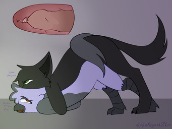 ambiguous_gender anthro begging black_body black_fur blue_body blue_fur brown_eyes cutaway dialogue doggystyle duo feral from_behind_position fur green_eyes grey_body grey_fur internal male male/ambiguous mounting multicolored_body sex sphenyan avian bird blue_jay corvid domestic_cat felid feline felis hybrid jay_(bird) mammal new_world_jay oscine passerine 4:3 hi_res trans_(lore) trans_man_(lore)