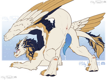 anus blue_penis blush bodily_fluids claws dripping feathers feral fluffy fluffy_tail fur genital_fluids genitals horn large_wings licking licking_lips looking_at_viewer male mane paws penis precum precum_drip presenting presenting_anus raised_hips simple_background solo tail tongue tongue_out wings yellow_eyes silly_monke mythology blueberry_(smolderg) dragon furred_dragon furred_scalie mythological_creature mythological_scalie scalie hi_res