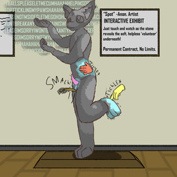 ambiguous_gender anthro ball_slap begging begging_to_cum begging_to_stop cock_and_ball_torture forced genital_torture genitals group helpless immobilization inanimate_transformation long_term male male/ambiguous penis permanent petrification sculpture slap statue text tickle_torture tickling tickling_paws tickling_sides transformation showtheash felid feline mammal 1:1 english_text hi_res