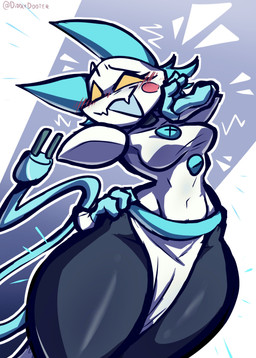 :3 anthro armless bashful belly big_breasts black_body blue_body blush blush_lines breasts button_(fastener) clothing cord_tail embarrassed eyebrows fangs female floating_hands gloves handwear leotard machine navel no_irises no_pupils open_mouth plug raised_eyebrow shoulder_pads shy simple_background solo tail teeth text thick_thighs tight_clothing turquoise_body unusual_anatomy unusual_tail white_body wide_hips yellow_eyes yellow_sclera diddlydooter1 deltarune undertale_(series) tasque_manager darkner digital_creature felid mammal robot robot_anthro artist_name digital_drawing_(artwork) digital_media_(artwork) hi_res signature