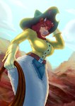 5_fingers anthro belt breasts clothed clothing cowboy_hat cowgirl_outfit female fingers green_eyes hat headgear headwear kerchief lasso red_kerchief solo alipse cuphead_(game) esther_winchester_(cuphead) bovid bovine caprine mammal hi_res