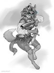 action_pose anthro ear_piercing female gun jewelry melee_weapon piercing pose ranged_weapon solo sword weapon levelviolet laila_kumaki canid canine fox mammal 2023 hi_res