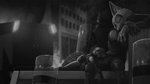 anthro armor building clothed clothing detailed_background duo_focus eyes_closed female fur group male outside riot_shield scut_tail short_tail tail vehicle ipoke disney zootopia judy_hopps nick_wilde canid canine fox lagomorph leporid mammal rabbit red_fox true_fox 16:9 2020 monochrome widescreen