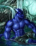 abs anthro belt biceps blue_body blue_horn blue_scales blue_tail bottomwear brown_bottomwear brown_clothing brown_shorts clothed clothing dripping dripping_wet forest forest_background grass hand_in_water hand_on_ground horn long_tail looking_at_viewer male male_anthro multicolored_body multicolored_scales muscular muscular_anthro muscular_male nature nature_background navel partially_submerged pecs plant scales shadow shorts sitting sitting_on_ground smile smiling_at_viewer solo spiked_tail spikes spikes_(anatomy) tail topless topless_anthro topless_male tree two_tone_body two_tone_scales vein veiny_muscles waterfall wet wet_body white_sclera yellow_eyes blehyr mythology virlym_(blehyr) dragon mythological_creature mythological_scalie scalie 2022 absurd_res colored digital_media_(artwork) digital_painting_(artwork) english_description hi_res signature