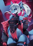 anthro blue_body blue_eyes bodysuit breasts clothing cyberpunk female hair jacket legwear long_tail non-mammal_breasts piercing ribbons simple_background skinsuit smile solo stockings tail thick_thighs tight_clothing topwear white_body white_hair liloli_(artist) fish marine shark hi_res